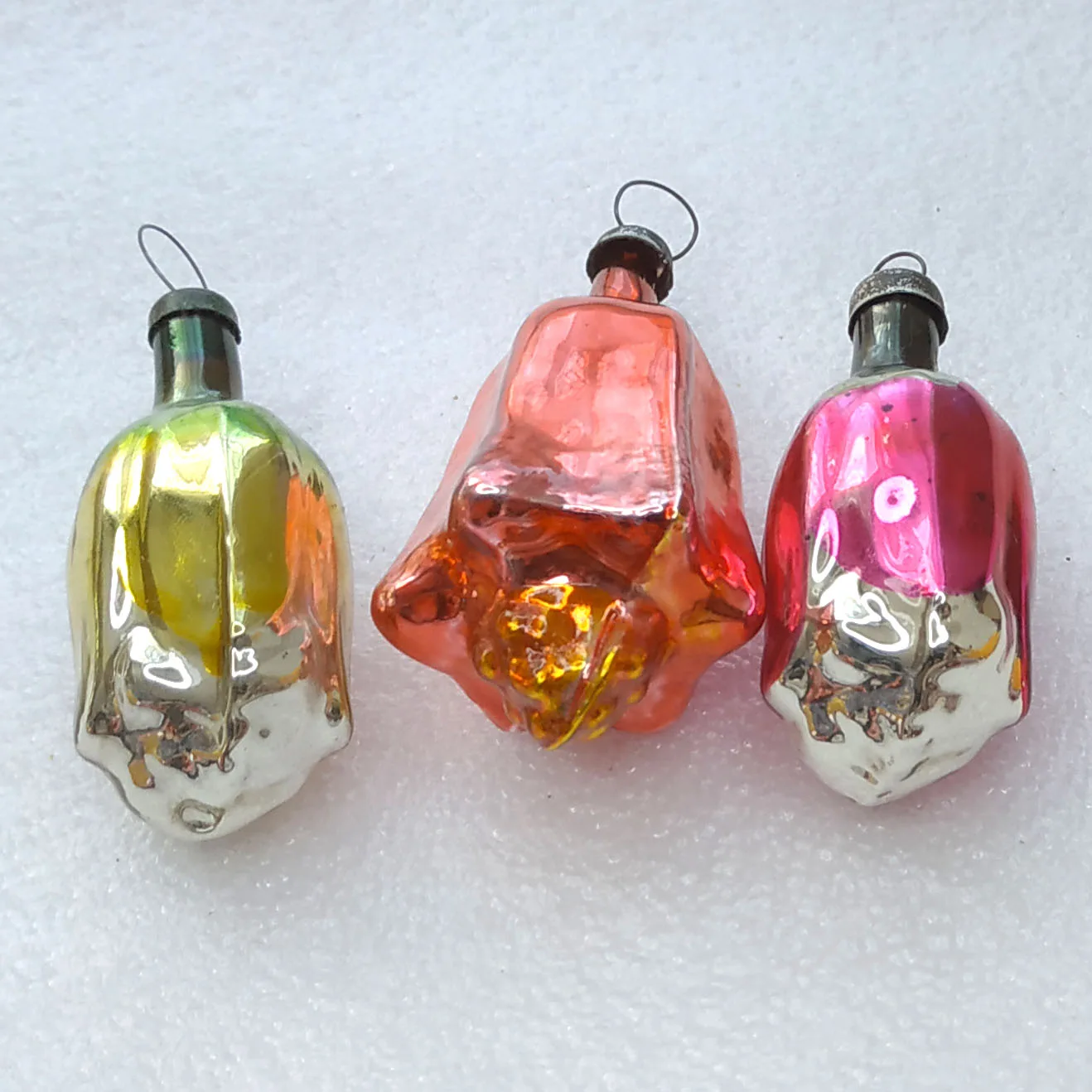 Set of 3 Antique Vintage USSR Mercury Glass Christmas Ornaments Flowers