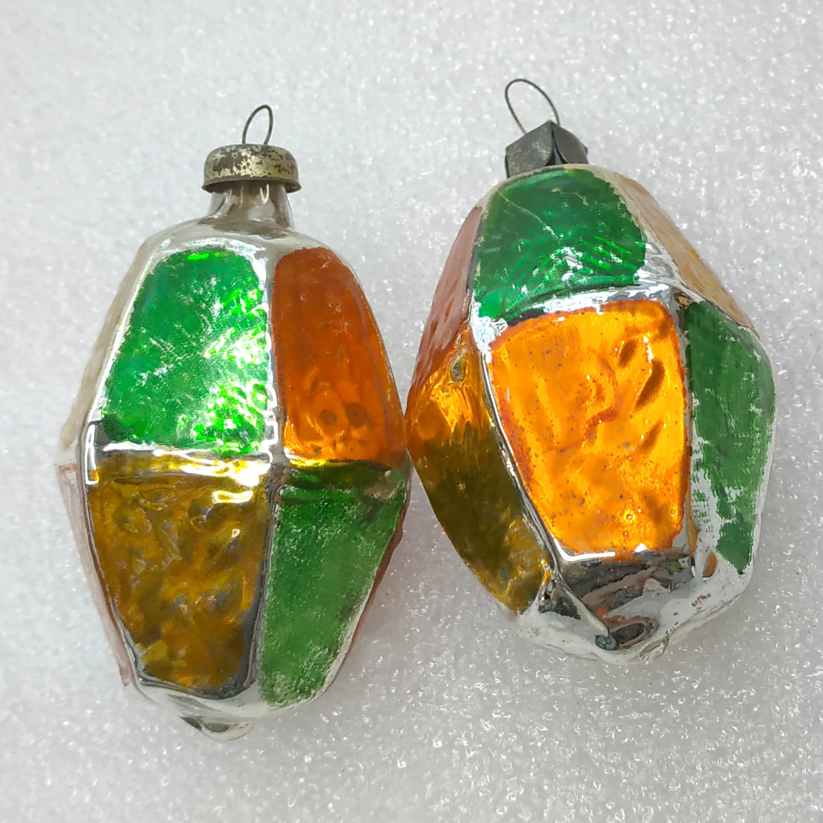 Set of 2 Antique Vintage Glass Christmas Ornaments Old Lanterns
