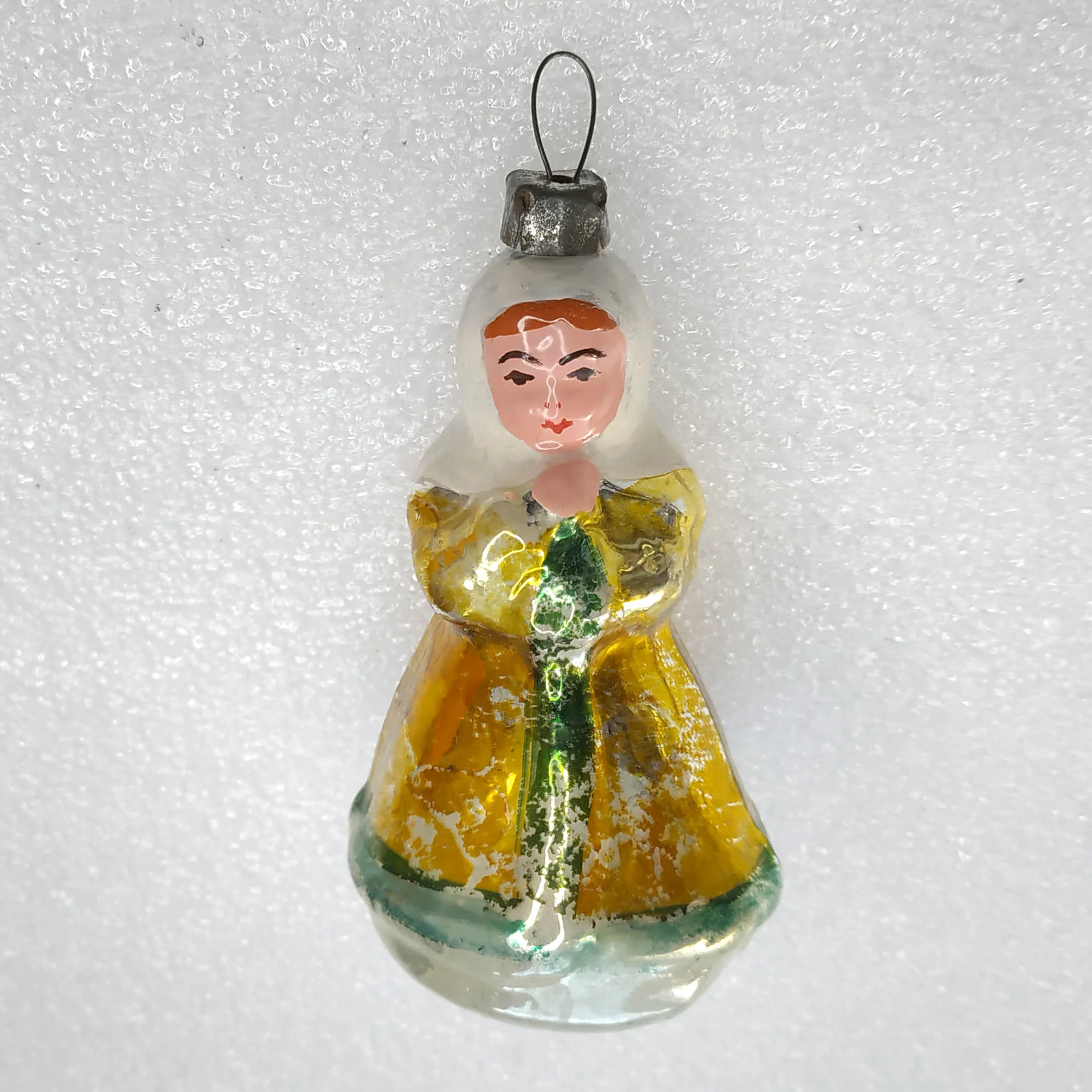 Antique Vintage Glass Christmas Ornament Tree Old Girl in Scarf