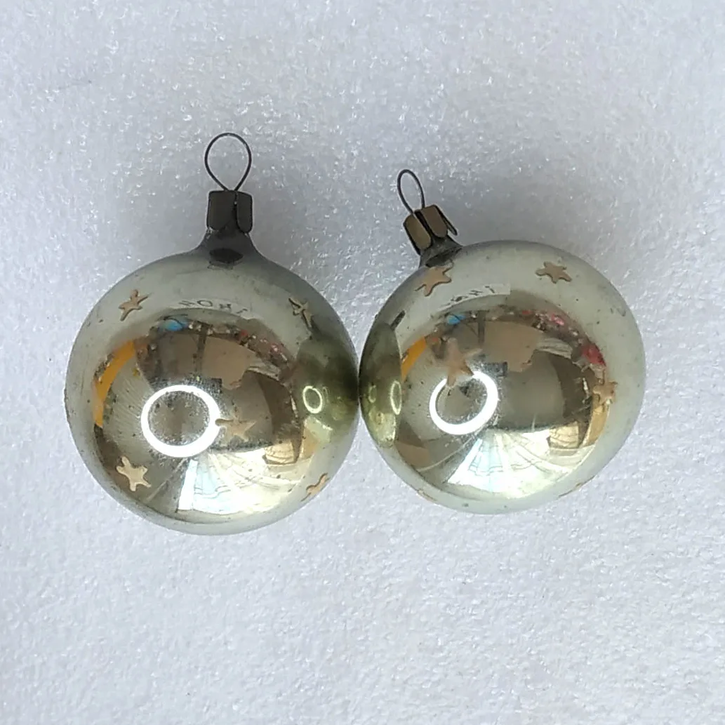 Set of 2 Vintage Silver Glass Christmas Tree USSR Ornaments Decor Antique Balls