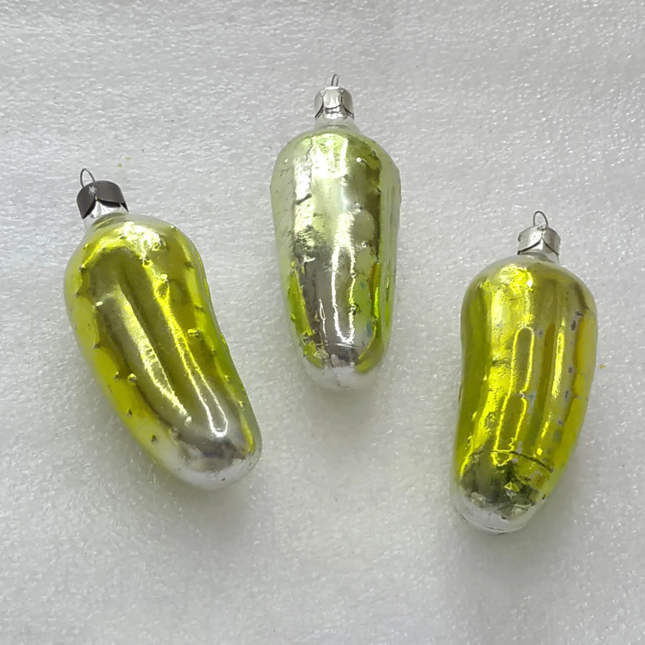 Set of 3 Vintage Christmas Ornaments Silver Glass Antique Tree USSR Decor Pickles