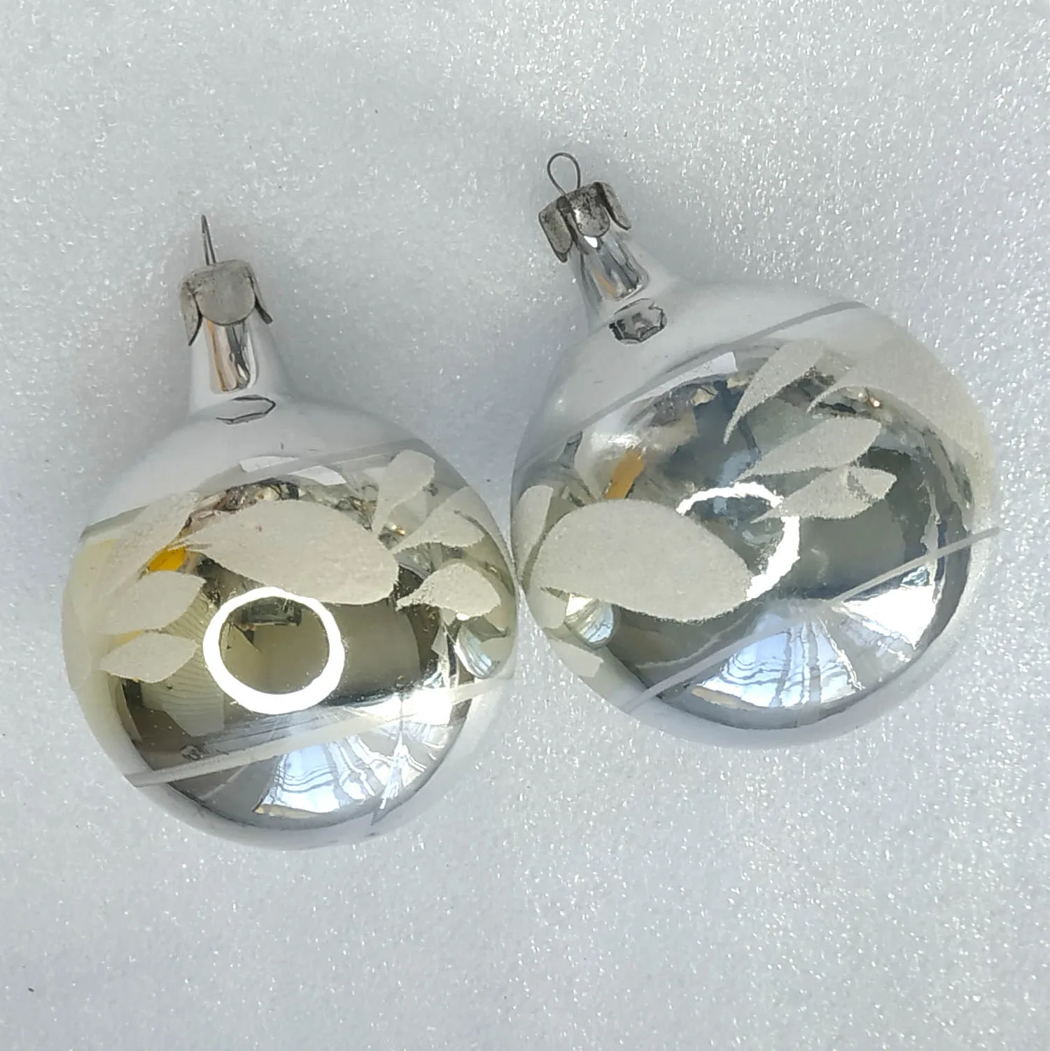 Set of 2 Vintage Christmas Ornaments Silver Glass Antique USSR Balls