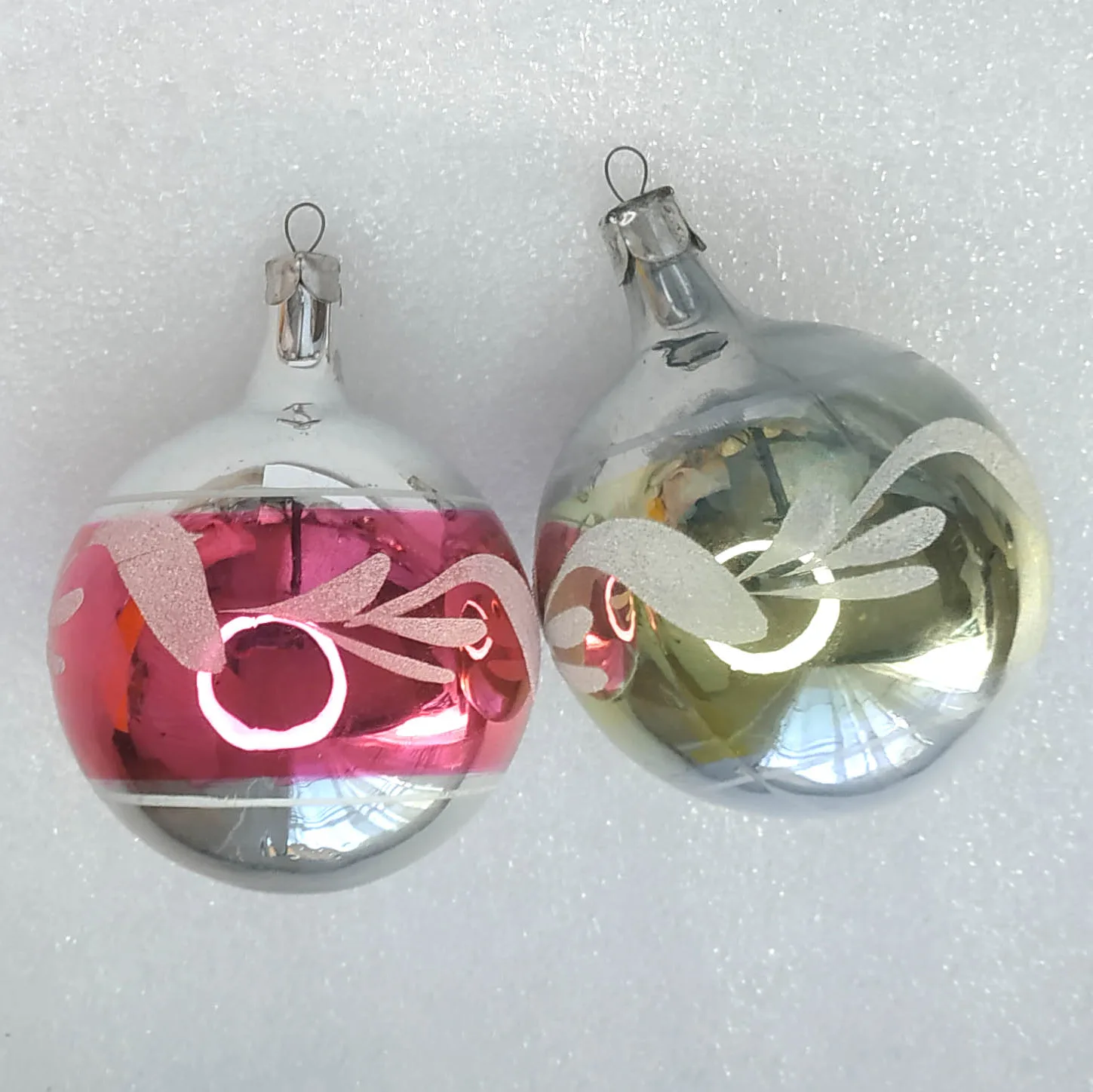 Set of 2 Vintage Christmas Ornaments Silver Glass Antique USSR Balls