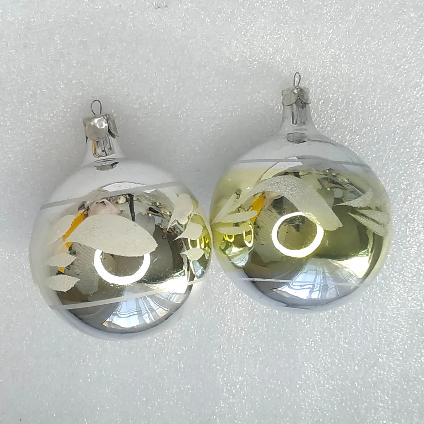 Set of 2 Vintage Christmas Ornaments Silver Glass Antique USSR Balls