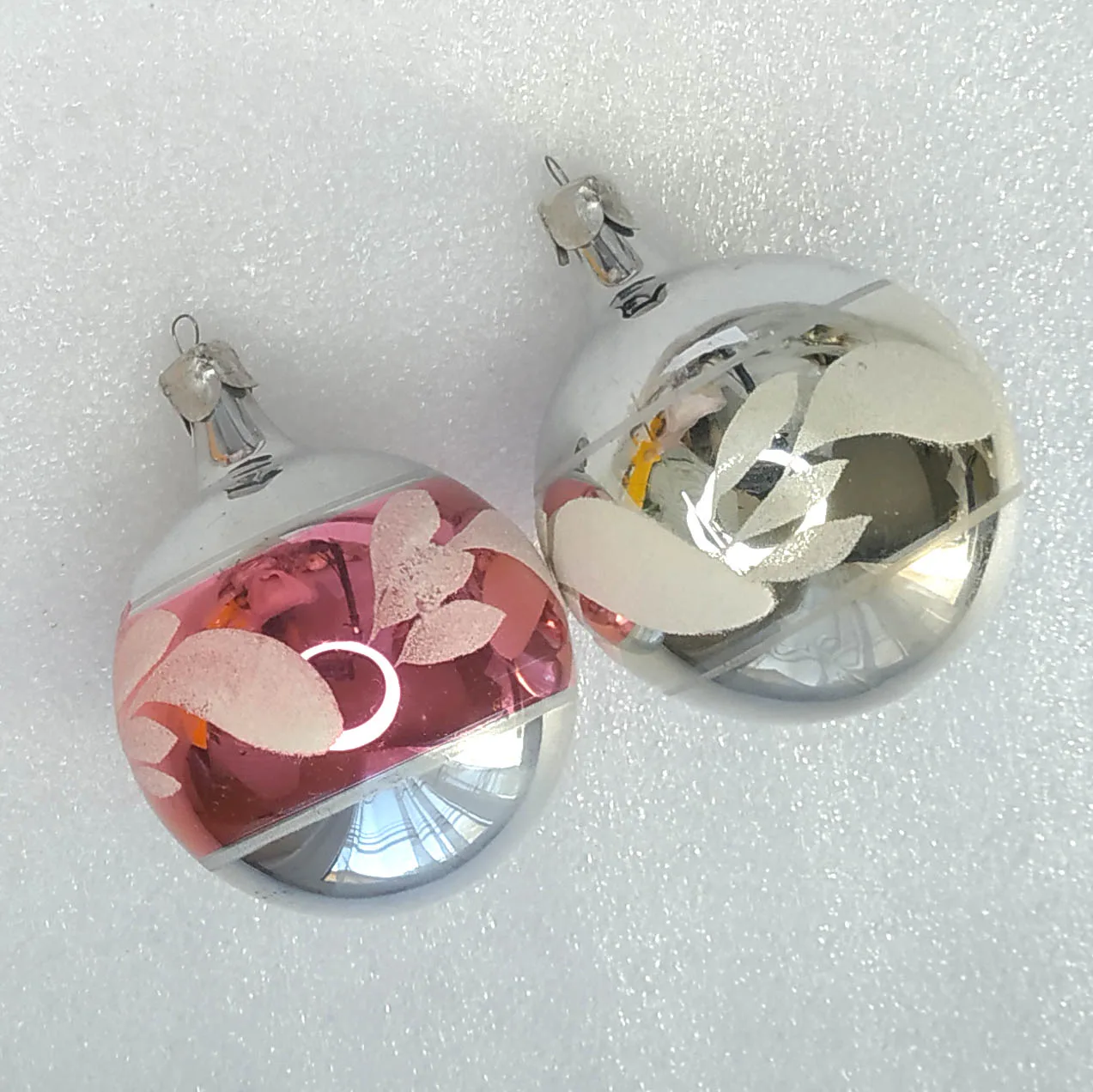 Set of 2 Vintage Christmas Ornaments Silver Glass Antique USSR Balls
