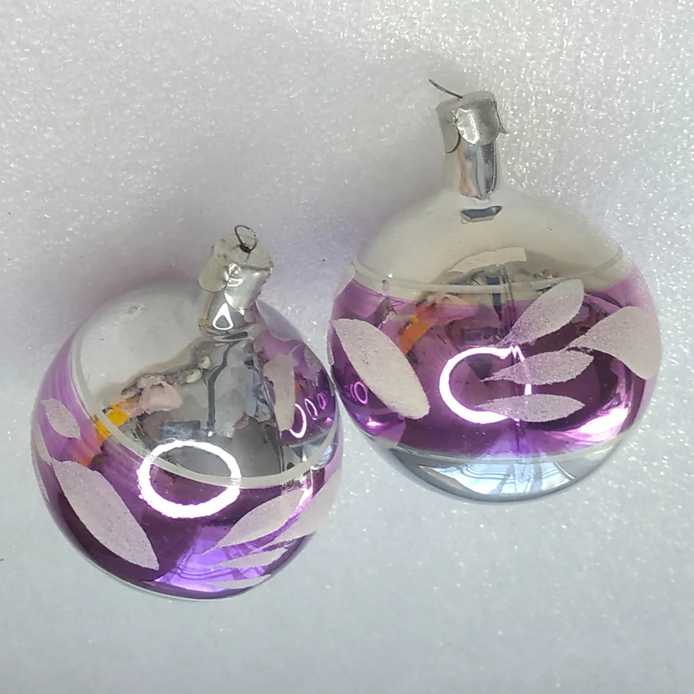 Set of 2 Vintage Christmas Ornaments Silver Glass Antique USSR Balls