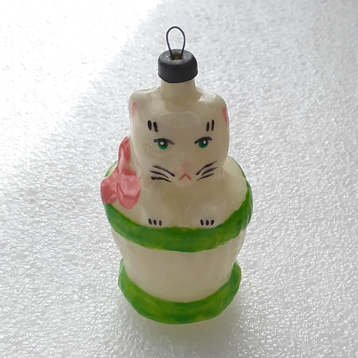 Vintage Glass Christmas Ornament Tree USSR Antique Cat in Basket
