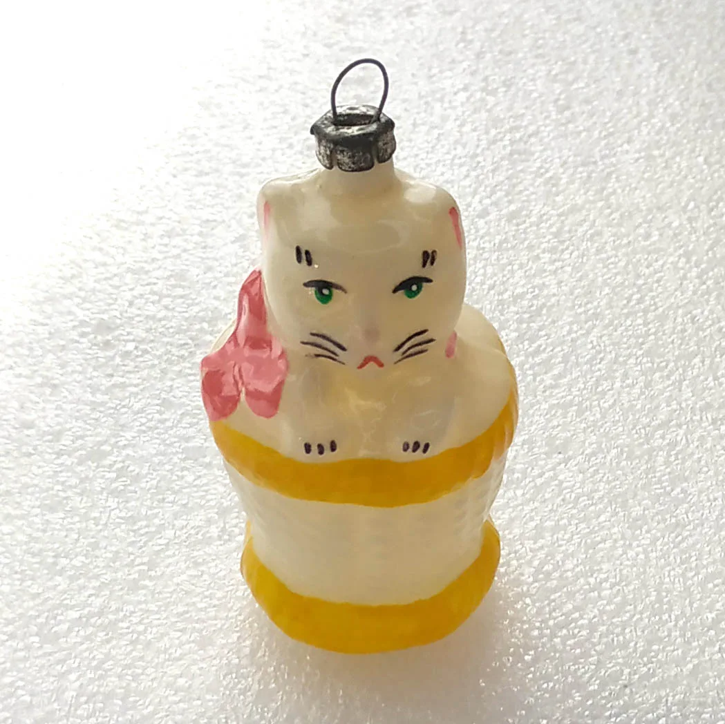 Vintage Glass Christmas Ornament Tree USSR Antique Cat in Basket