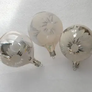 Set of 3 Vintage Silver Glass Christmas Ornament Tree USSR Antique Decor Flowers