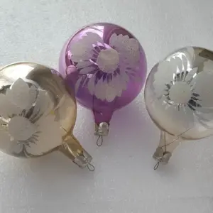 Set of 3 Vintage Silver Glass Christmas Ornament Tree USSR Antique Decor Flowers