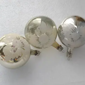 Set of 3 Vintage Silver Glass Christmas Ornament Tree USSR Antique Decor Flowers