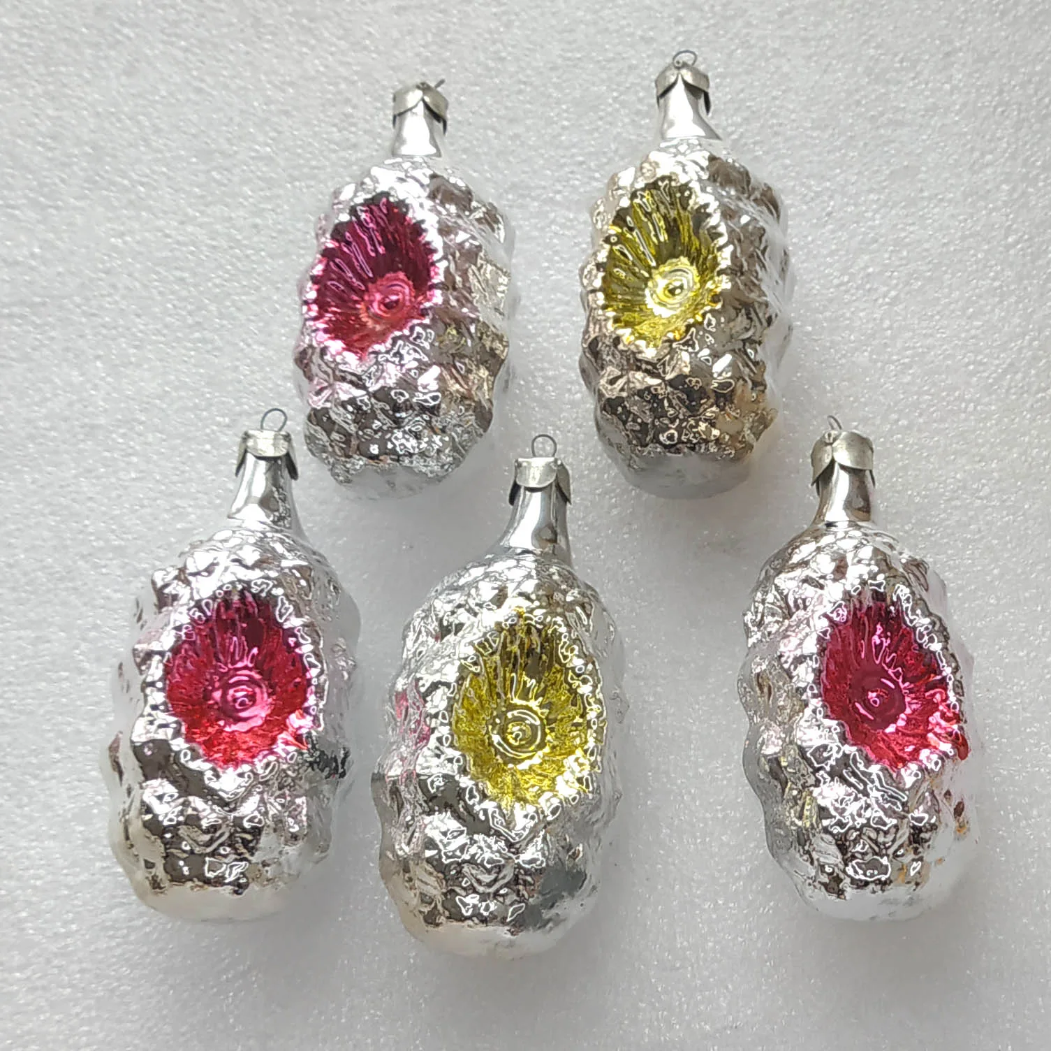 Set of 5 Vintage Silver Glass Christmas Ornament Tree USSR Antique Decor Lanterns