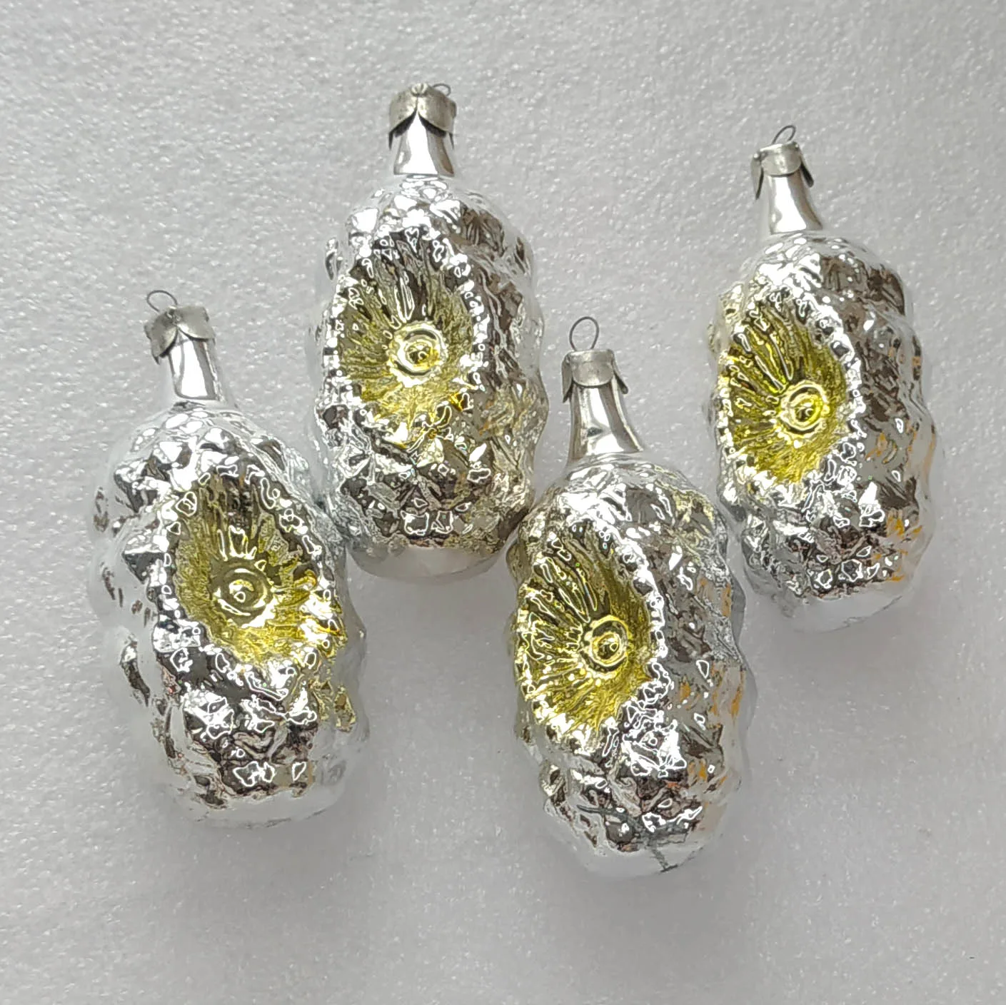 Set of 4 Vintage Silver Glass Christmas Ornament Tree USSR Antique Decor Lanterns
