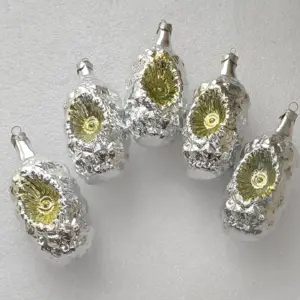 Set of 5 Vintage Silver Glass Christmas Ornament Tree USSR Antique Decor Lanterns