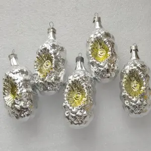 Set of 5 Vintage Silver Glass Christmas Ornament Tree USSR Antique Decor Lanterns