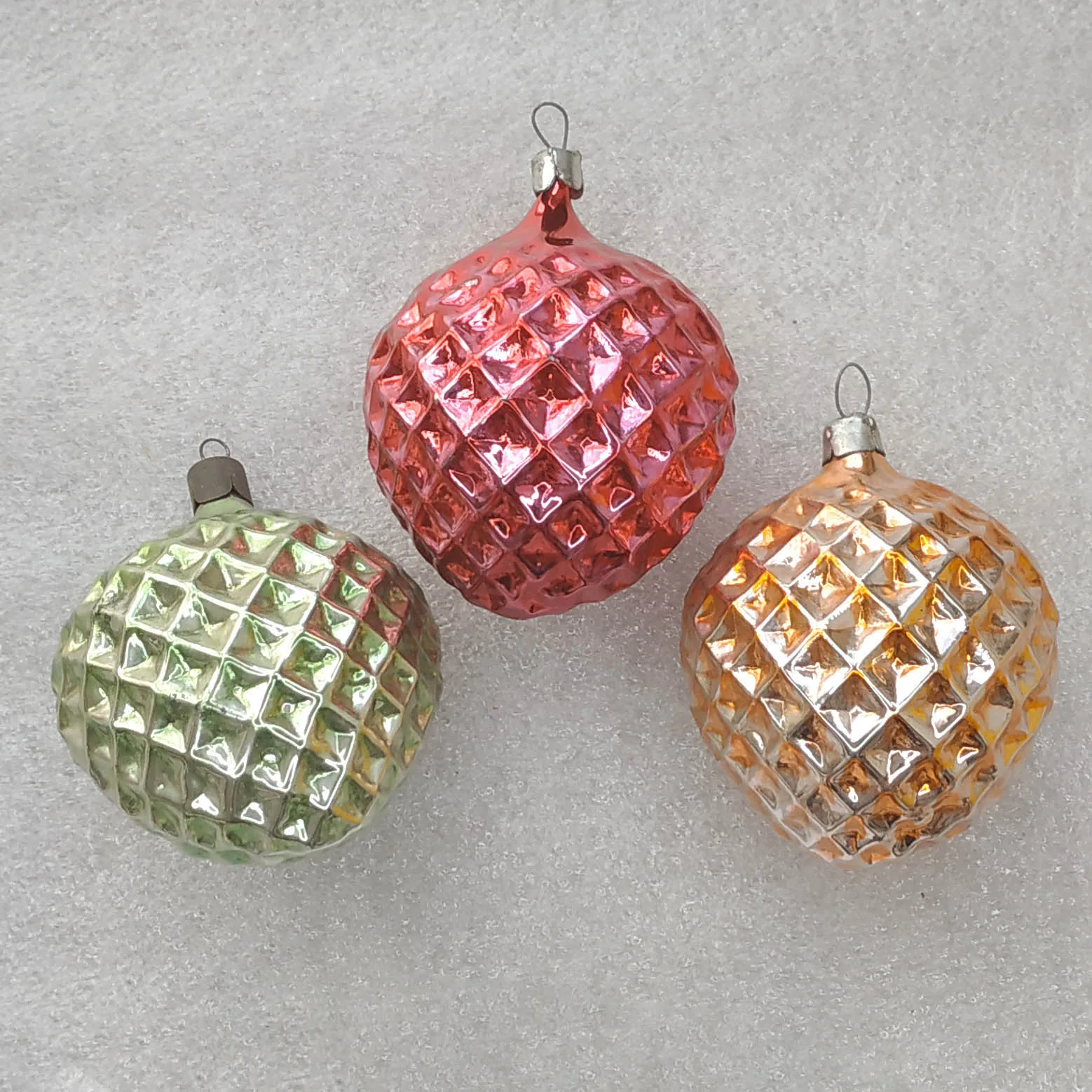 Set of 3 Vintage Christmas Silver Glass Ornaments Tree USSR Antique Decor Hearts
