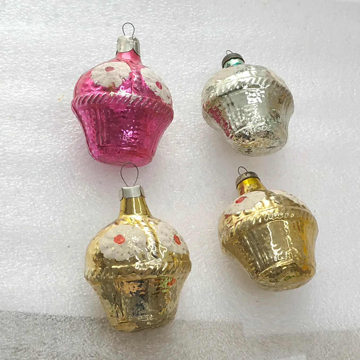 Set of 4 Vintage Christmas Ornaments Silver Glass Antique Tree USSR Decor Baskets