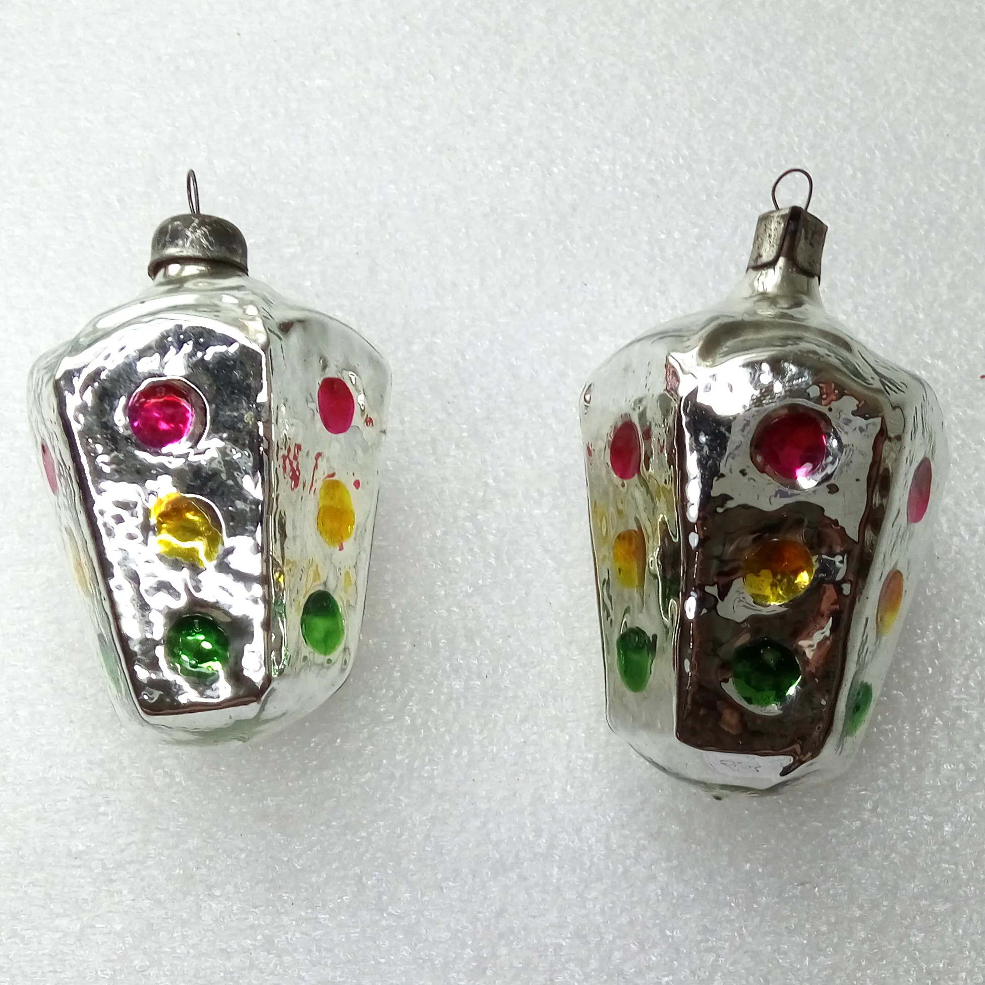 Set of 2 Antique Vintage Glass Christmas Ornament Traffic-lights