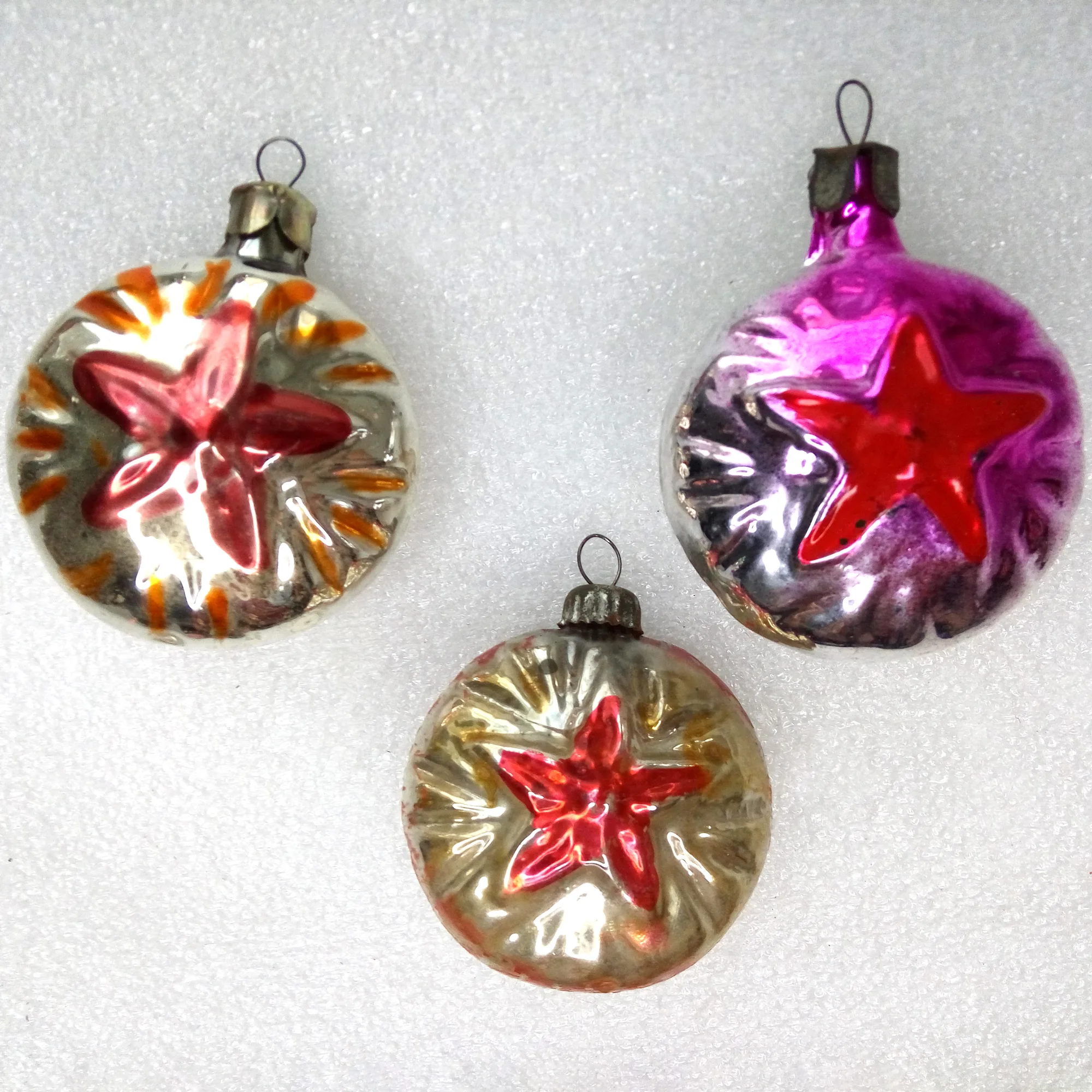 Set of 3 Vintage Ukrainian Glass Christmas Ornaments Red Stars