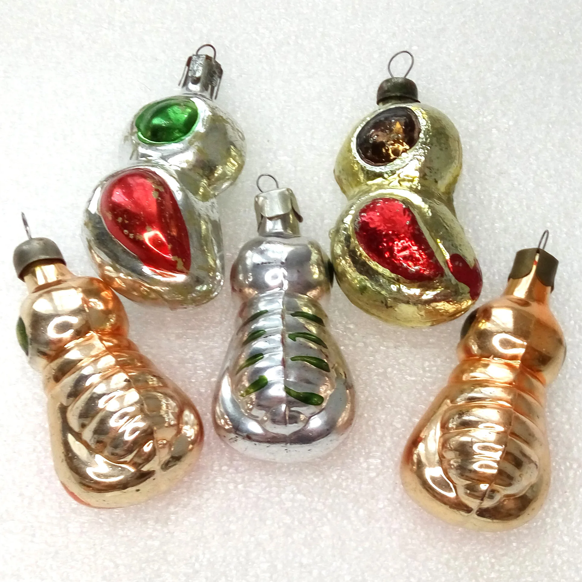 Set of 5 Vintage Ukrainian Glass Christmas Ornaments Old Bugs