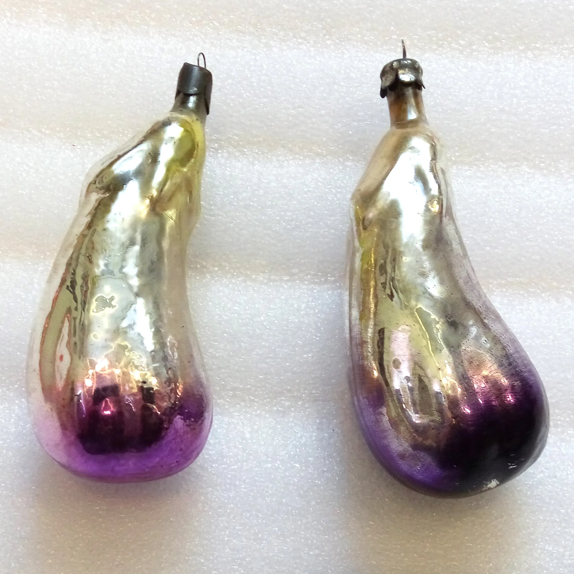Set of 2 Vintage USSR Silver Glass Christmas Ornaments Old Eggplants