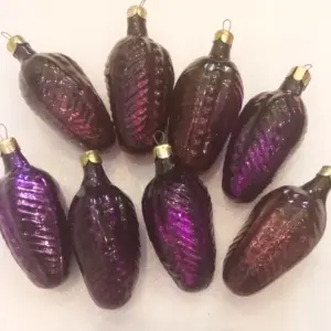 Set of 8 Vintage USSR Glass Christmas Ornaments Purple Cones