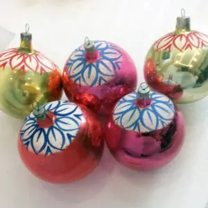Set of 5 Antique Vintage Russian Glass Christmas Ornaments Balls