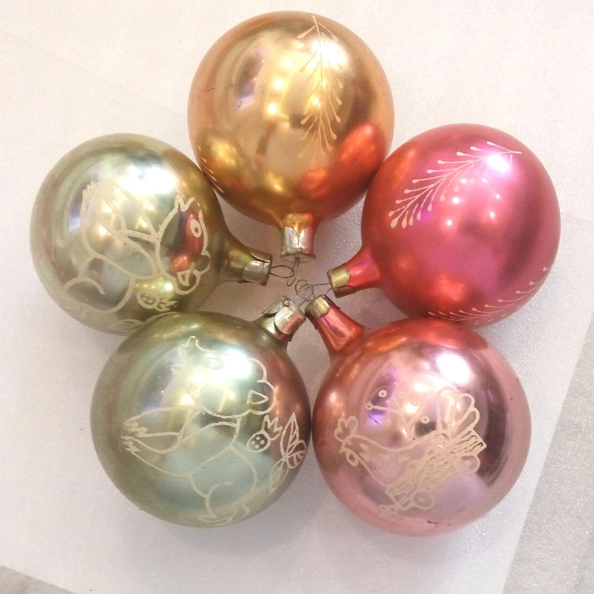 Set of 5 Antique Vintage Russian Glass Christmas Ornaments Balls
