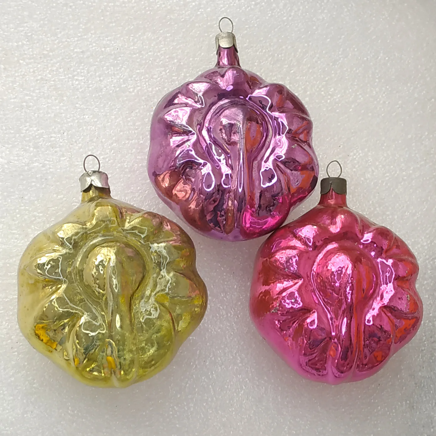 Set of 3 Antique Vintage USSR Glass Christmas Tree Ornaments Sunflower