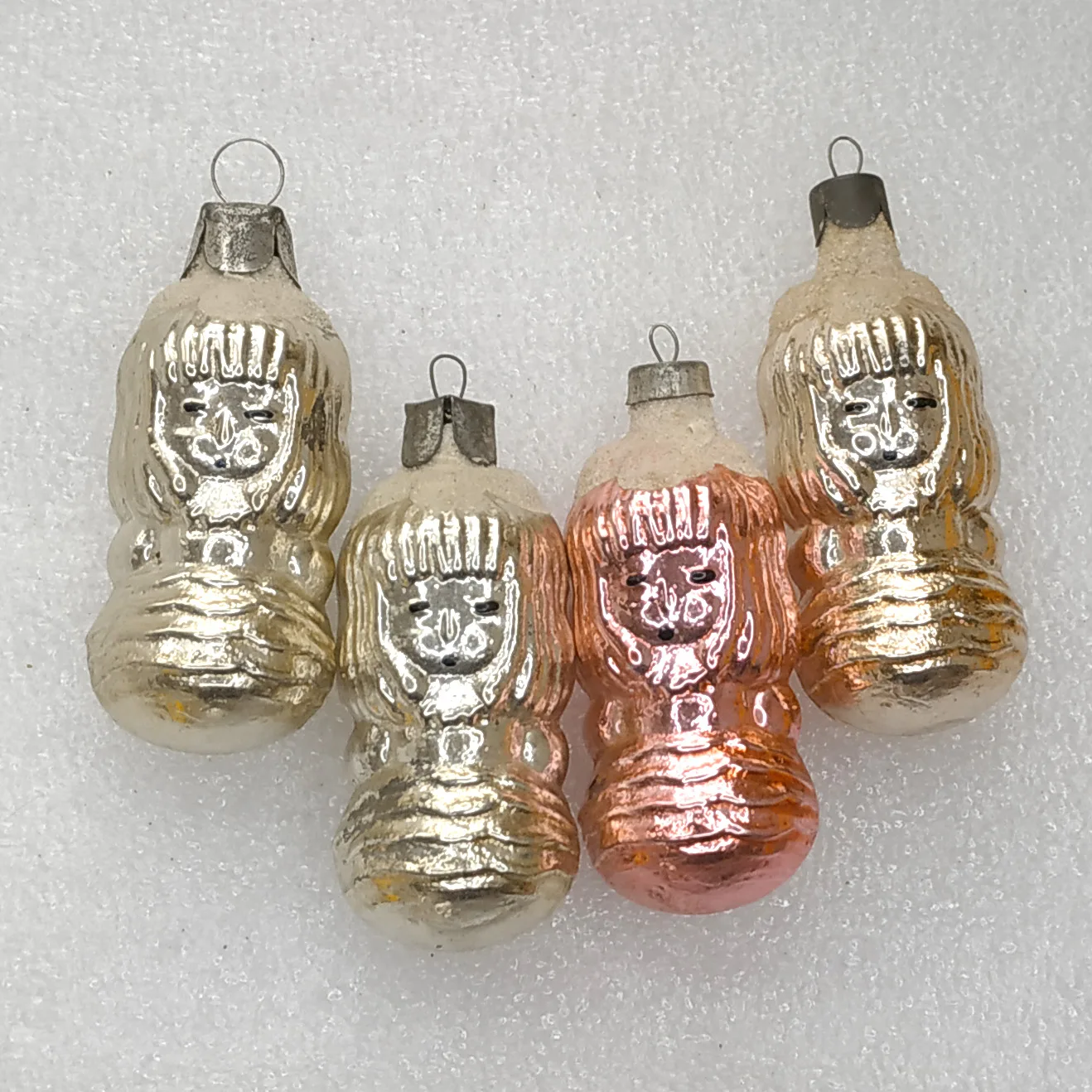 Set of 4 Antique Vintage Silver Glass Christmas Tree Ornament Girls
