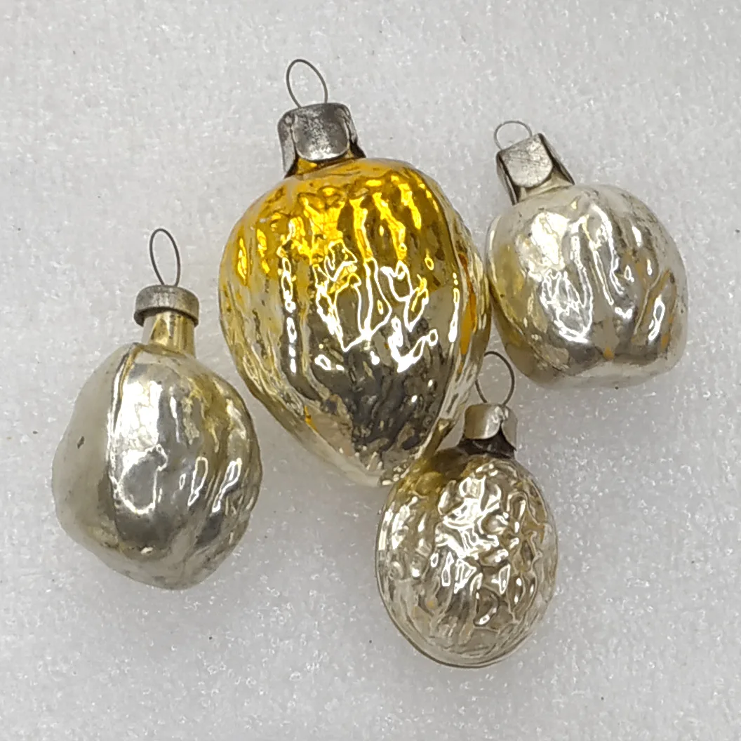 Set of 4 Antique Vintage Silver Glass Christmas Tree Ornament Walnuts