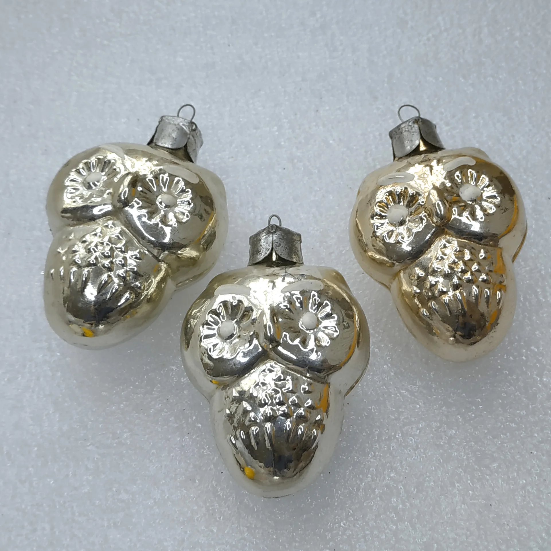 Set of 3 Antique Vintage Silver Glass Christmas Tree Ornament Toy Owl