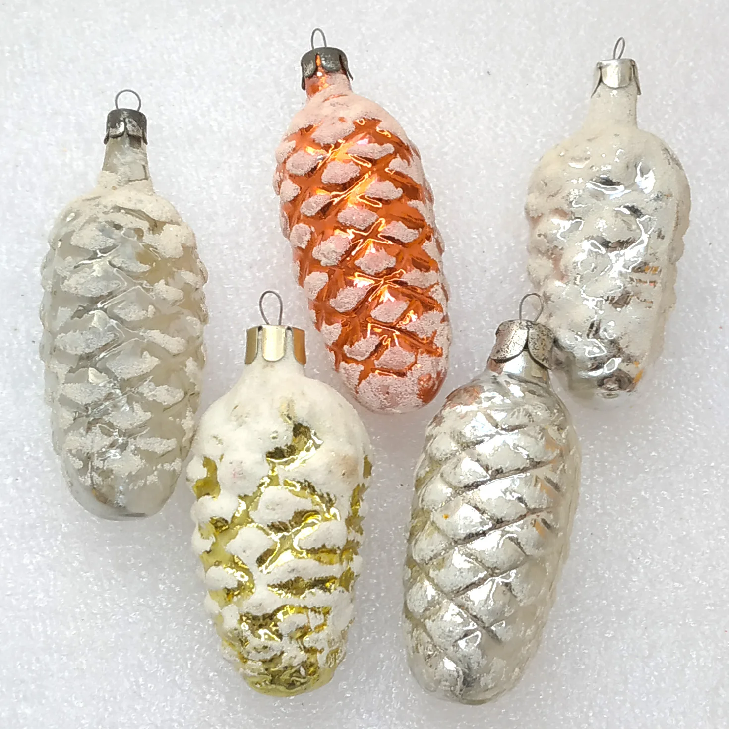 Set of 5 Antique Vintage Silver Glass USSR Christmas Ornaments Pinecone