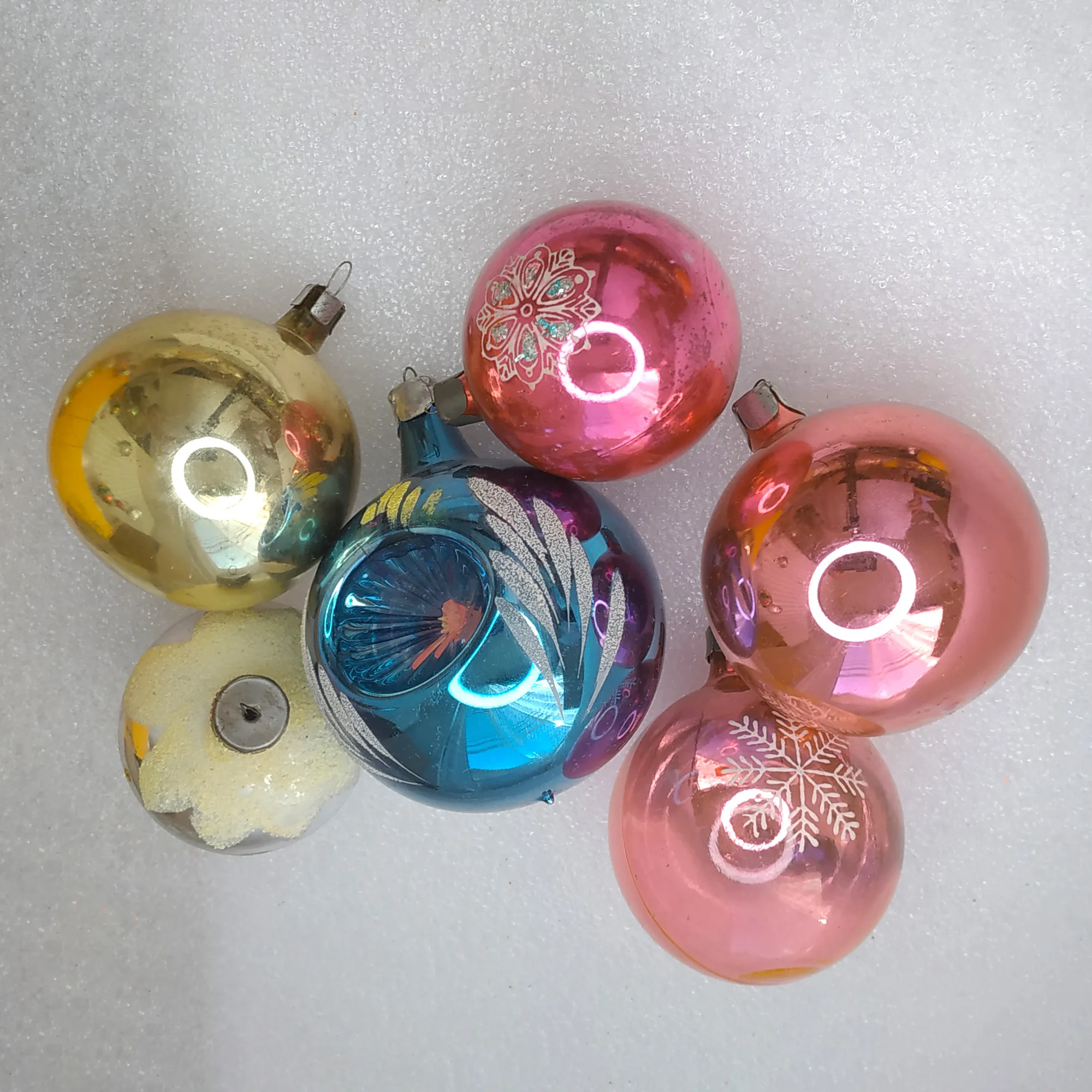 Set of 6 Antique Vintage Silver Glass USSR Christmas Ornaments Balls