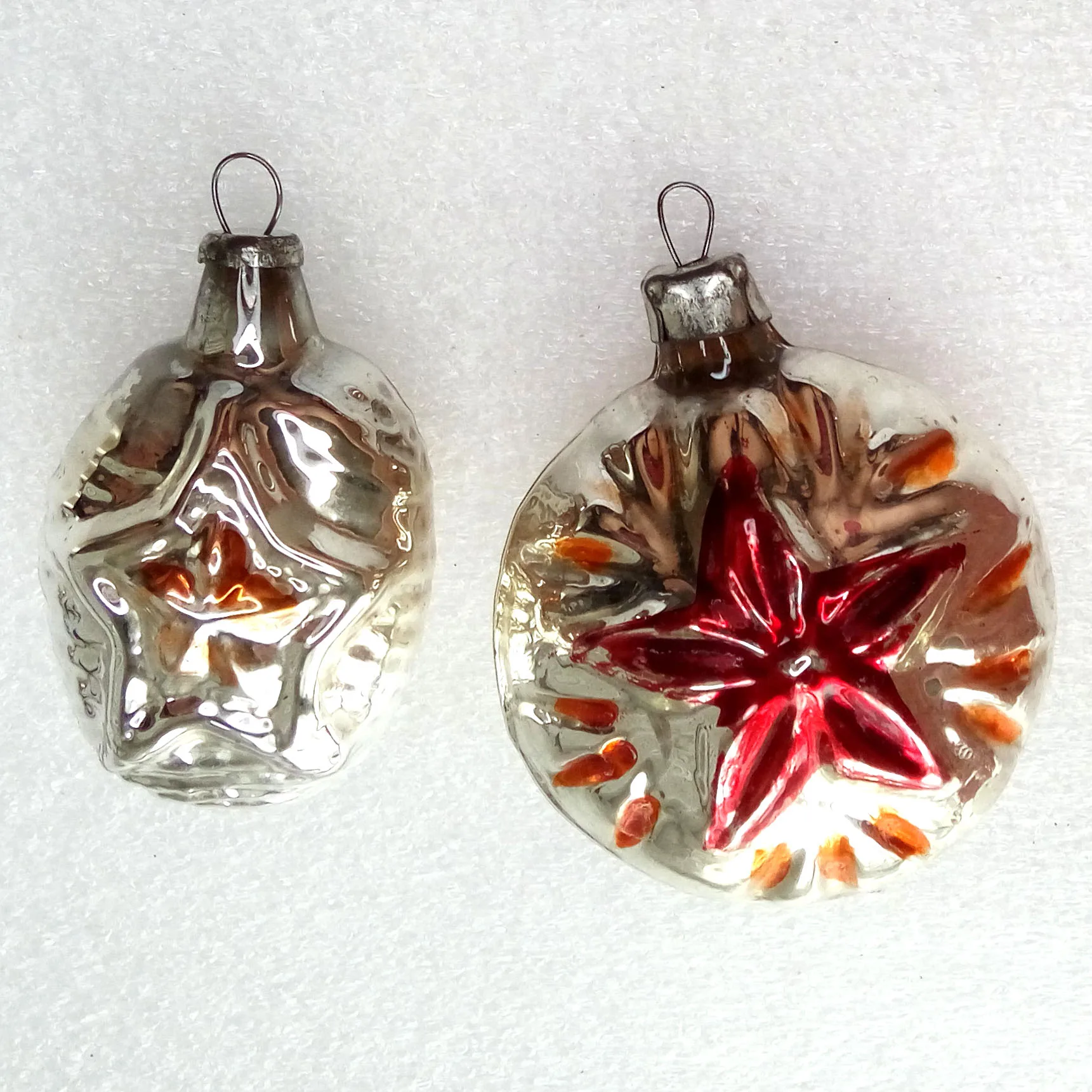 Set of 2 Vintage USSR Glass Christmas Ornament Star Hammer & Sickle