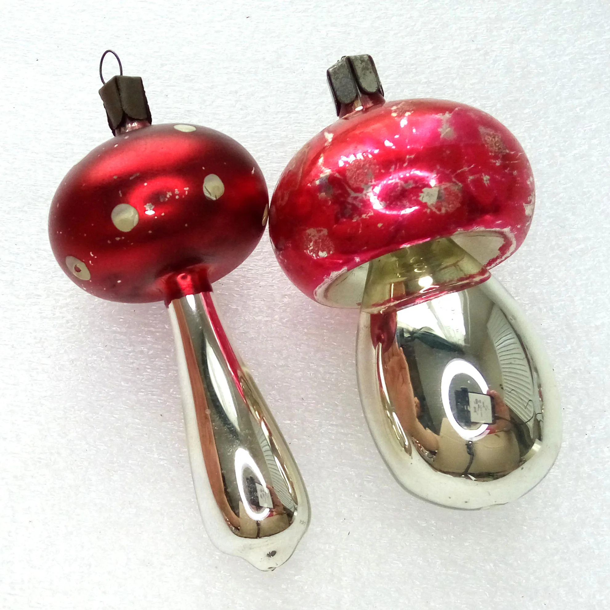 Set of 2 Vintage Ukrainian Glass Christmas Tree Ornament Mushrooms