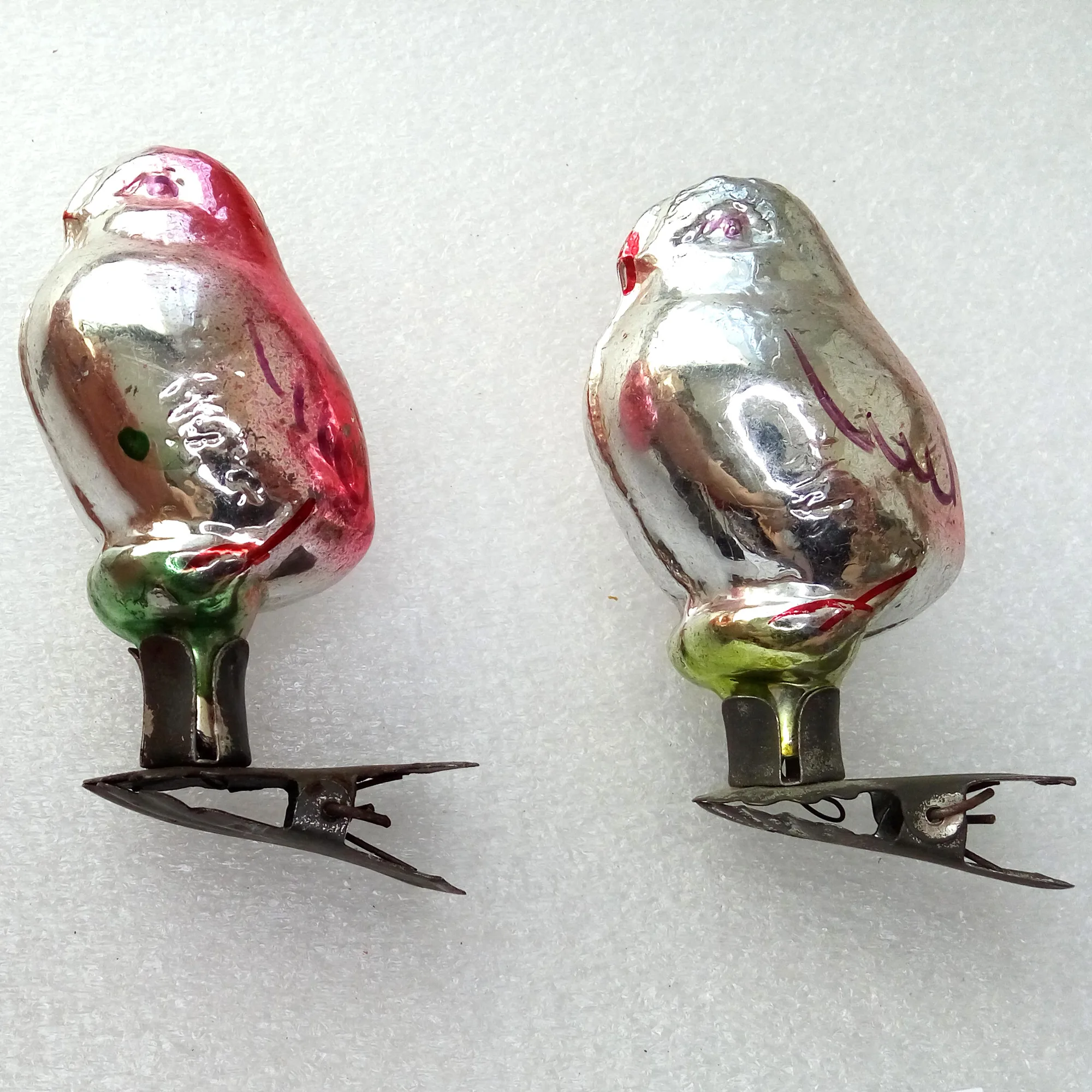 Set of 2 Antique Vintage USSR Glass Christmas Ornaments Old Chickens
