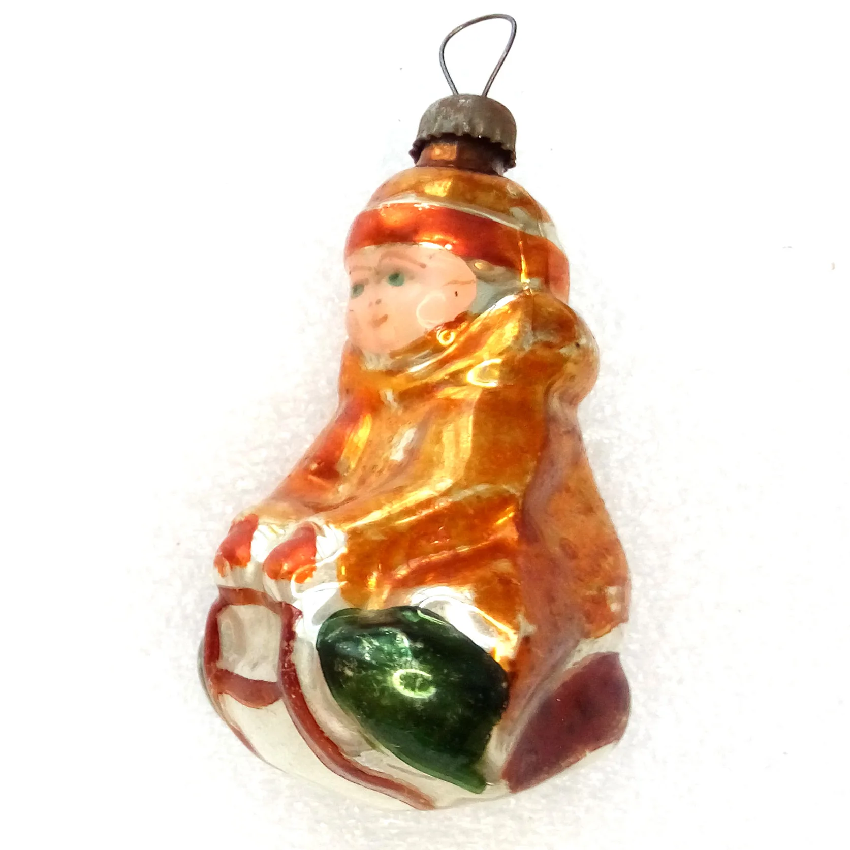 Antique Vintage Glass Christmas Ornament Kid on Sled
