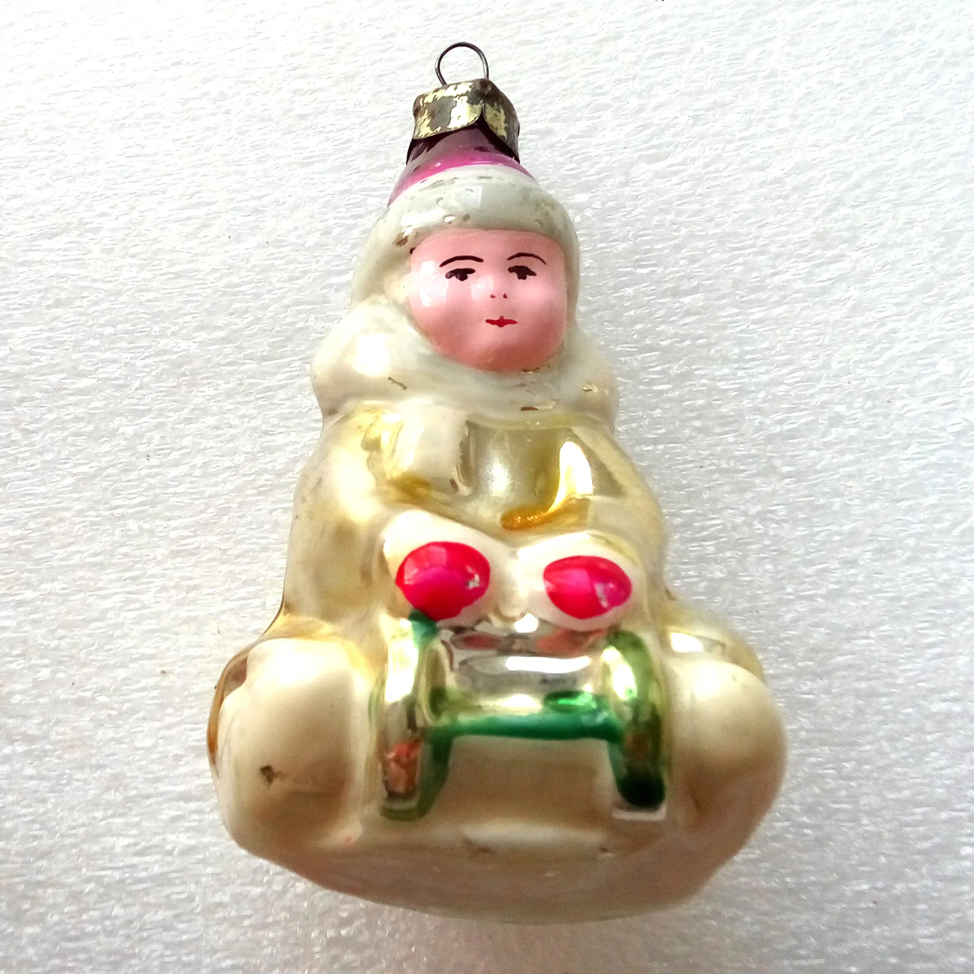 ANtique Vintage USSR Glass Christmas Ornament Kid on Sled