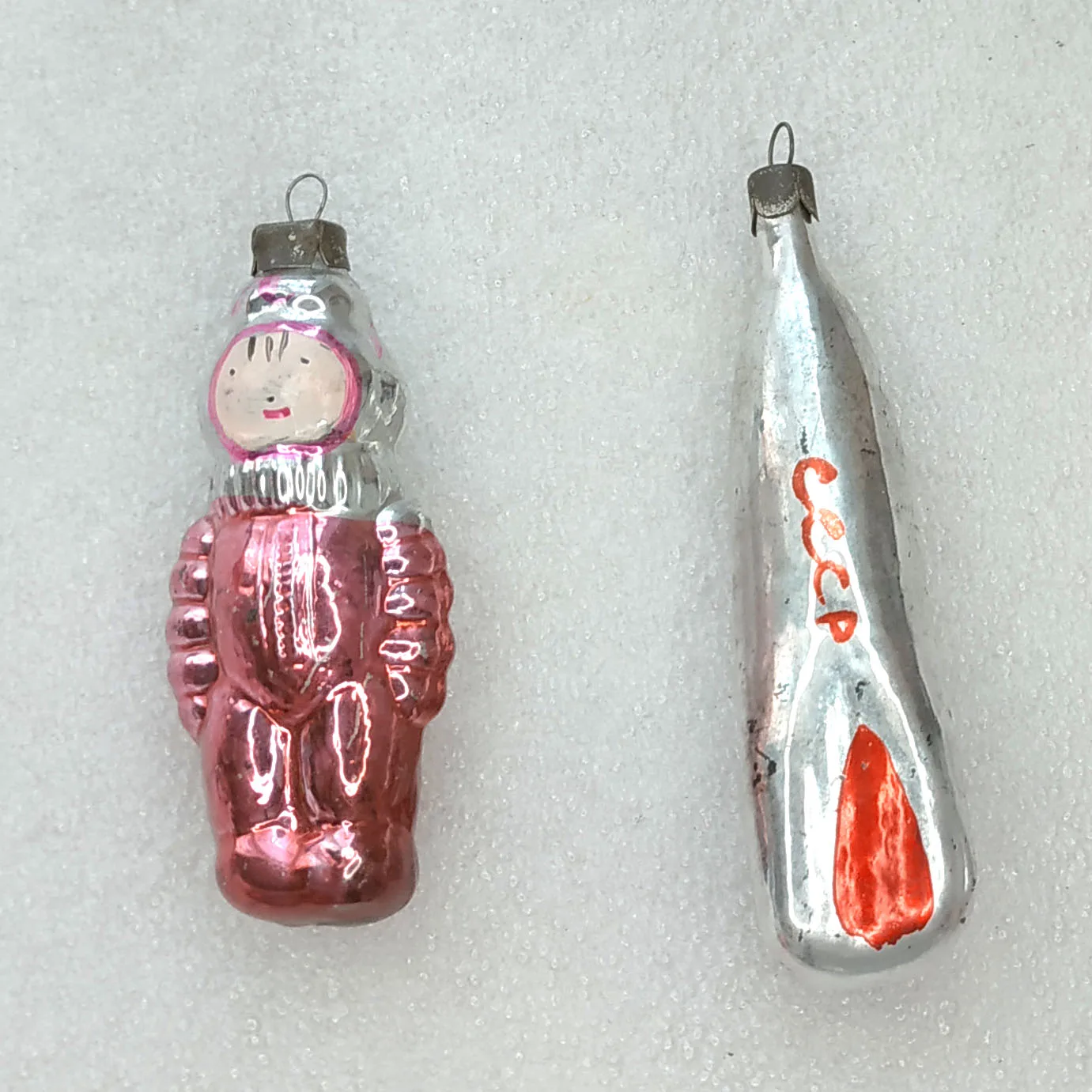 Set of 2 Antique Vintage USSR Glass Christmas Ornament Rocket Astronaut