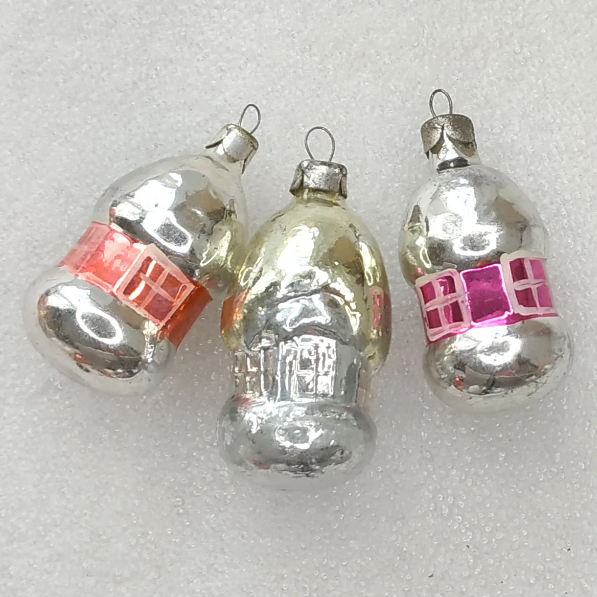 Set of 3 Antique Vintage USSR Glass Christmas Ornament Houses