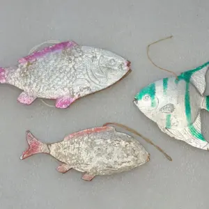 Set of 3 Antique Vintage Dresden Cardboard Christmas Ornaments Fishes