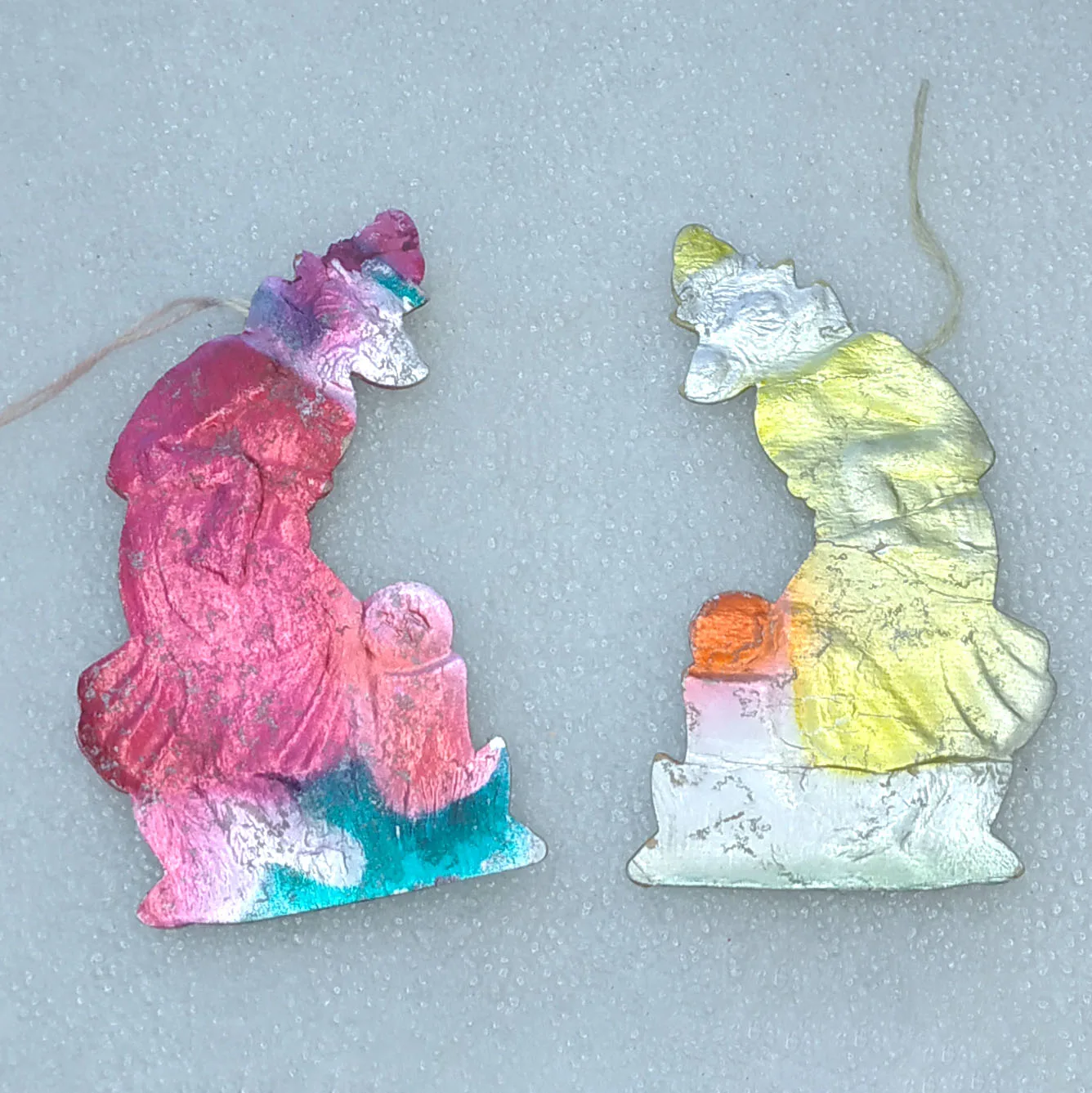 Set of 2 Antique Vintage Dresden Cardboard Christmas Ornament Wolf & Kolobok