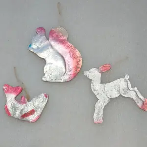 Set of 3 Antique Vintage Dresden Cardboard Christmas Ornaments Animals