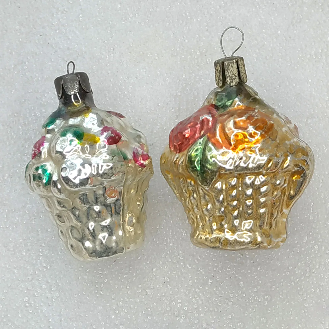 Set of 2 Vintage USSR Glass Christmas Ornaments Old Baskets