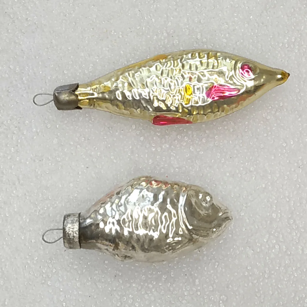 Set of 2 Antique Vintage USSR Glass Christmas Ornament Fishes
