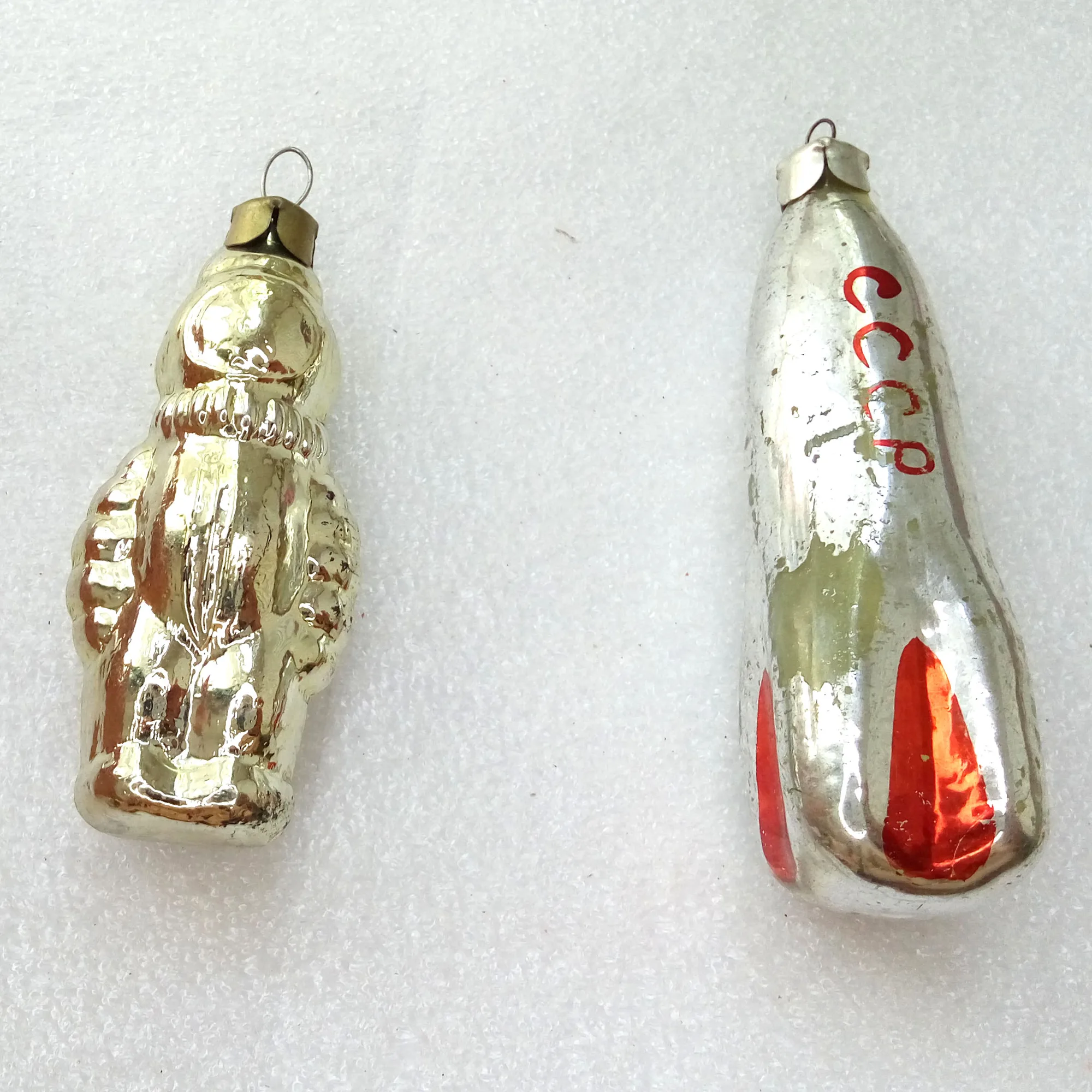 Set of 2 Antique Vintage USSR Glass Christmas Ornaments Astronaut Rocket