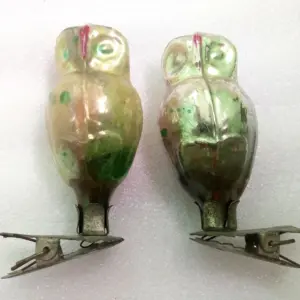 Set of 2 Vintage USSR Glass Christmas Tree Ornaments Old Owls