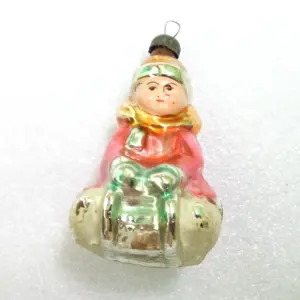Old Antique Vintage USSR Glass Christmas Ornament Kid on Sled