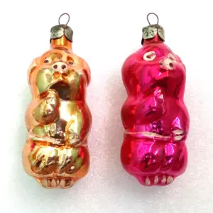 Set of 2 Vintage Ukrainian Glass Christmas Ornaments Pigs